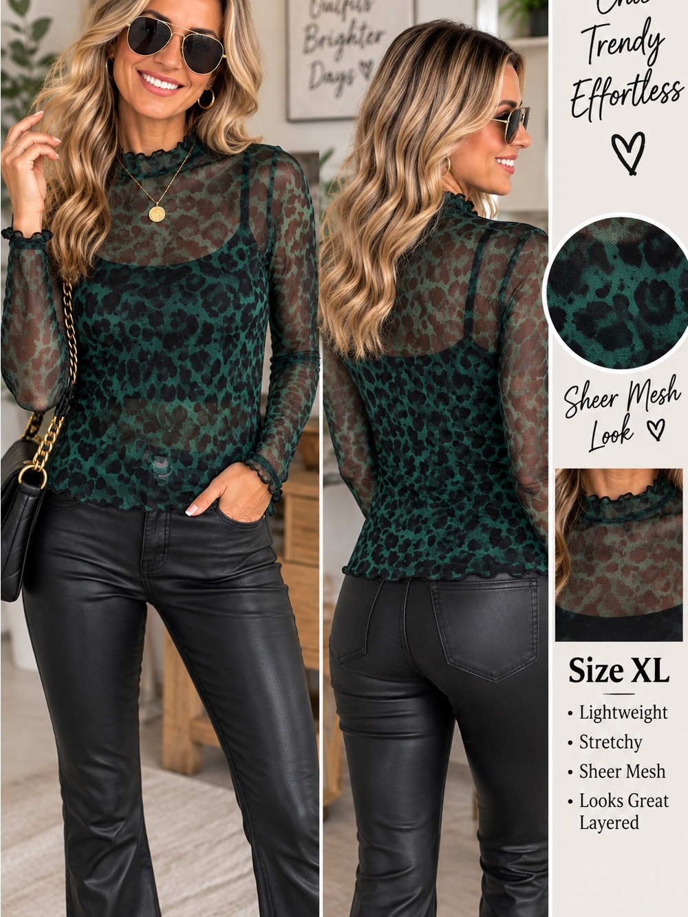 Sheer Mesh Leopard Print Long-Sleeve Top - Green